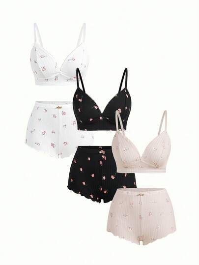 Bonmuse Bộ 3 áo ngực họa tiết trơn và hoa viền bèo nhún cho nữ Bộ 2 áo ngực cho nữ