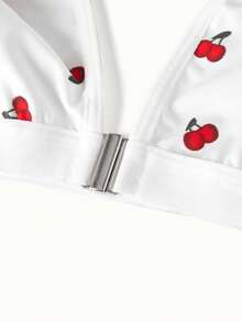 Bonmuse 一套女士性感前开襟樱桃印花无钢圈文胸内裤内衣套装，适合日常穿着 - 白色 - 查看 3