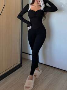 DAZY 迷人撞色蕾丝拼接修身女士睡衣套装，秋冬服装 - 黑色 - 查看 7