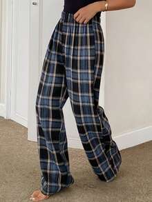Livesso 格子宽松女士睡裤，家居服，冬季 - 藍色 - 查看 5