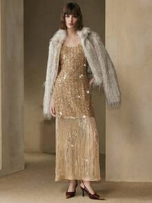 Arave 女式亮片装饰无袖圆领紧身连衣裙，流苏边，优雅约会之选 - 香檳色 - 查看 9