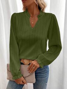 EMERY ROSE Blouse de mode à manches longues col V avec volants, couleur unie pour femmes