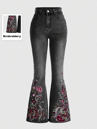 Hippie Elegante, lässige Jeans mit Blumenstickerei für Damen