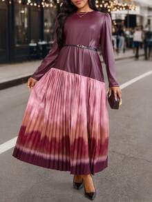 EMERY ROSE Plus Size Solid Color Ombre Patchwork Round Neck Long Sleeve Dress - Red - View 1