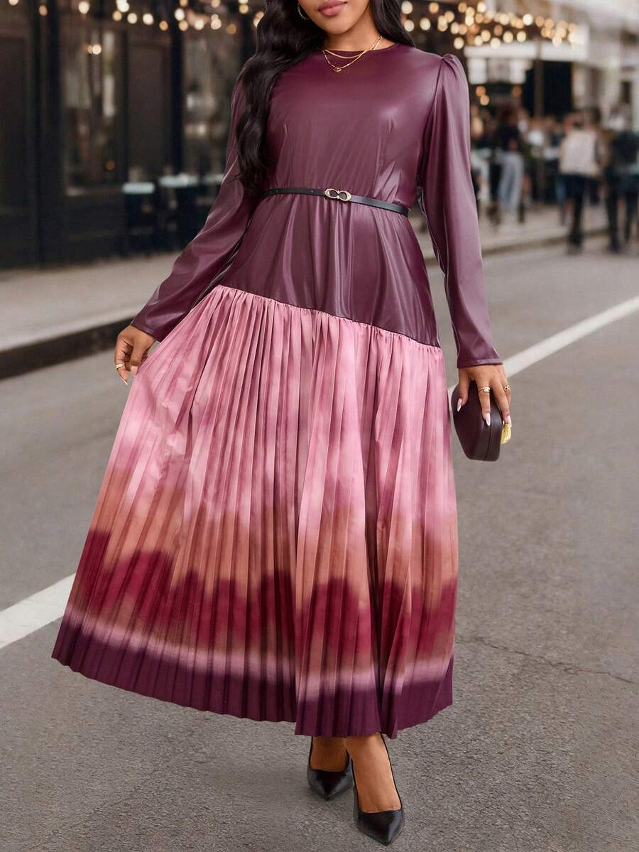 EMERY ROSE Plus Size Solid Color Ombre Patchwork Round Neck Long Sleeve Dress - Red - View 1