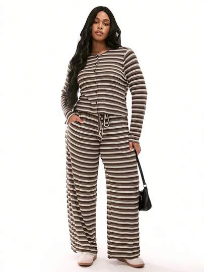 Solavibe Plus Size Casual Striped Long Sleeve Top And Pants 2 Pieces Set,Two Piece Set Women,For Autumn And Winter