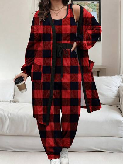 Vionelle Plus Size Women's French Casual Elegant Plaid Contrast Color Long Sleeve Jumpsuit Two Pieces Set, Suitable For Autumn/Winter And Christmas Plaid Set Pajama Sets For Women