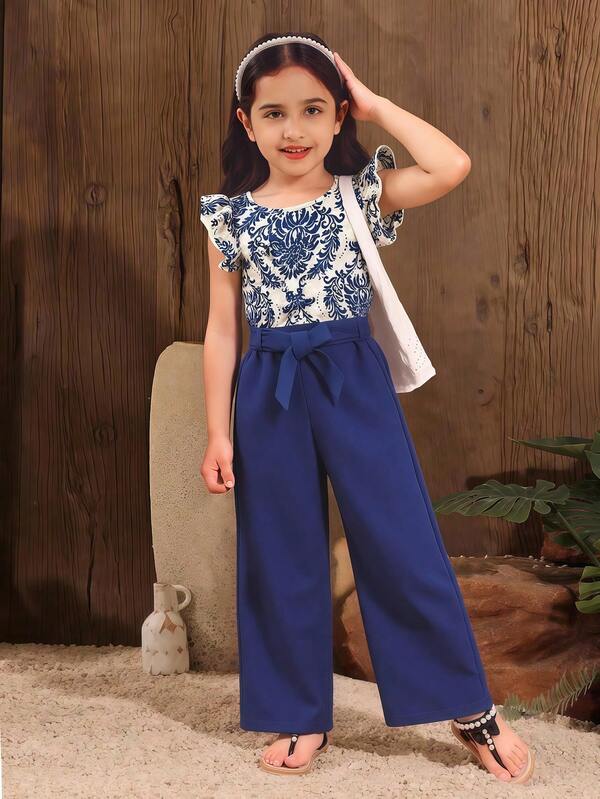 Conjunto de top sin mangas con volantes en estampado floral de satén para niña y pantalones anchos con cinturón