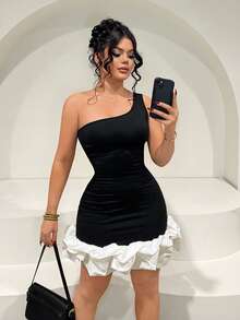 SHEIN SXY 黑白撞色迷你连衣裙，肩带 - 黑與白 - 查看 3