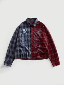 ROMWE MEN Grunge Punk Men's Plaid Skull Shirt Collar Long Sleeve Overcoat - Navy Blue - View 1