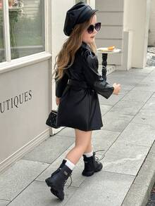 SHEIN Elladie kids Young Girl Casual Fashion Long Sleeve Single-Breasted Leather Jacket - Black - View 2