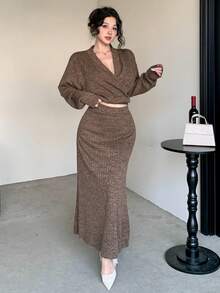 DAZY 秋冬季宽松商务休闲优雅V领长袖T恤和美人鱼裙两件套，适合新年、圣诞节、婚礼、派对、正式场合 - 棕色 - 查看 8