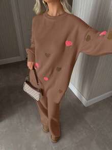 EURMUSE Women Heart Embroidery Balloon Sleeve Sweater And Pant Knit Set