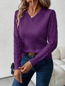 SHEIN Clasi Women's V-Neck Long Sleeve Sweater,Long Sleeve Tops In Fall/Winter,Fall,Fall Clothes For Women - Purple - View 3