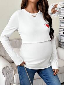 SHEIN 秋冬季女士爱心印花休闲哺乳圆领长袖上衣外出上衣哺乳孕妇装 - 白色 - 查看 8