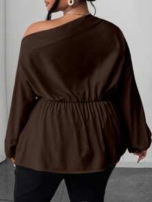 SHEIN CURVE+ Plus Size Women's Elegant Ruched Rose Shoulder Asymmetric Hem Blouse, Simple Design, Suitable For Work, Spring/Autumn/Winter - Brown - View 2