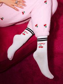 LUVLETTE 1 Pair Women Cute Cherry Pattern Round Neck Socks, Suitable For School Students Daily Life, Fall