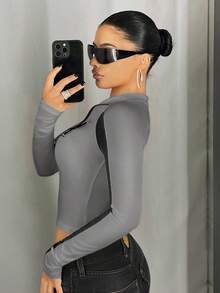 SHEIN ICON 女士高领撞色装饰修身T恤 - 灰色 - 查看 4