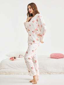 Bonmuse 两件套冬季珊瑚绒睡衣套装，保暖睡裤，清新水果印花家居服套装，两件套，秋冬服装