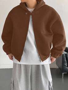 DAZY Men's Short Thick Hooded Sweatshirt Sweatshirt With Button Placket Design, Coffee Brown, Autumn/Winter - Coffee Brown - View 1