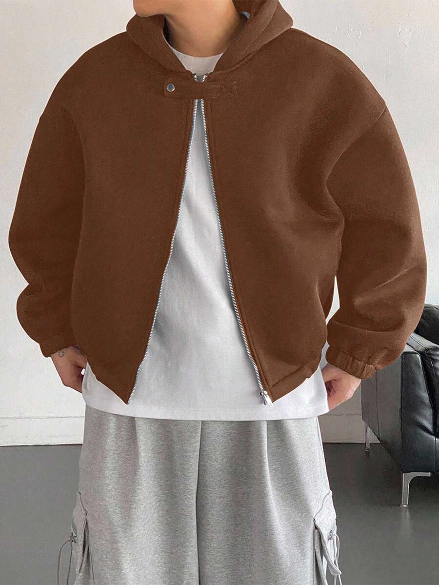 DAZY Men's Short Thick Hooded Sweatshirt Sweatshirt With Button Placket Design, Coffee Brown, Autumn/Winter - Coffee Brown - View 1