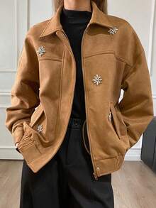DAZY Women's Solid Color Loose Handmade Embroidered Rhinestone Lapel Long Sleeve Casual Vintage Jacket, Regular Fit, Autumn/Winter Women Coats - Brown - View 4