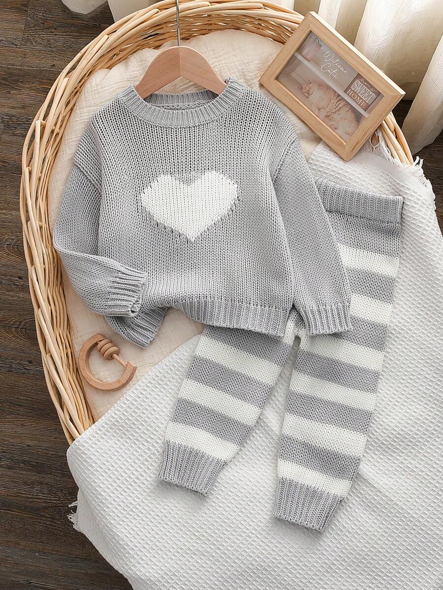 Baby Girls' Cute Heart Pattern Crew Neck Sweater And Striped Knit Pants 2Pcs Set,Autumn Winter Grey Knitted Outfits For Family Matching - Grey - View 1