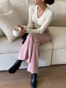 DAZY V-Neck Slim Fit Ribbed Knit Pullover Sweater - White - View 6