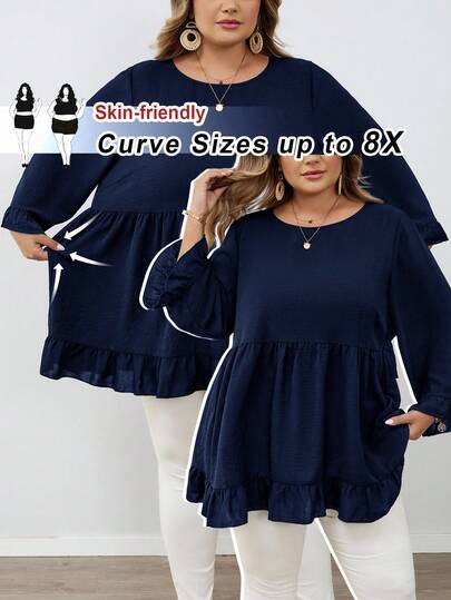 SHEIN CURVE+ 加大码纯色荷叶边下摆套头衫，适合休闲外出秋季女士服装、冬季服装、CURVE PLUS