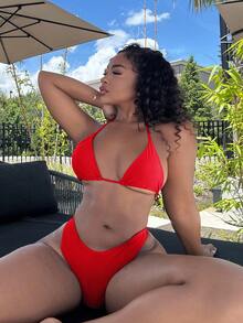 Alexandranx 2 件套女士纯色露背性感比基尼泳装套装，夏季海滩 - 紅色 - 查看 4