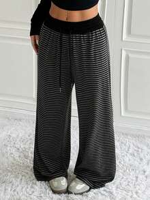 SHEIN EZwear 女式黑白条纹针织抽绳腰休闲阔腿裤 - 彩色 - 查看 5