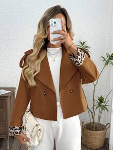 SHEIN LUNE Manteau court trench-coat à double boutonnage, avec patchwork imprimé léopard sur les poignets, pour femmes