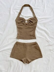 Soleia 秋冬度假两件套：纹理卡其色无袖上衣，金属项链细节和休闲短裤，适合日常穿着、度假、海滩 - 卡其色 - 查看 3