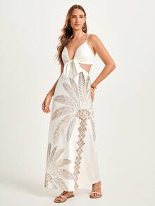 CAJUNI x Carol Peixinho Women's Summer Vacation Palm Tree Print Knotted Waist Hollow Out Sexy Spaghetti Strap Long Dress, Palm Leaf Dress, Resort Dress, Tropical Print Dress,Vacation Dress, Dinner Dresses For Vacation, Cruise Dinner Dress, Sexy Beach Dress, White Beach Dress Women, Sexy Coverups Swimwear, - Apricot - View 7