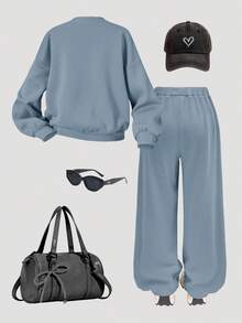 SHEIN Tween Girl Letter Print Sweatshirt & Sweatpants 2-Piece Set, Blue - Blue - View 2