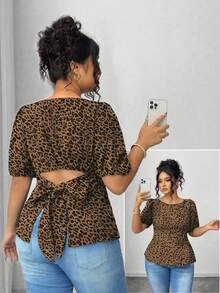 Elenzga Chemise décontractée grande taille à imprimé léopard et pois avec design à nœud dans le dos