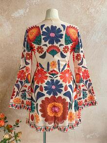 Dreamara Plus Size Women Floral Print Lace Trim Butterfly Sleeve Mini Dress, Suitable For Vacation, Autumn/Winter - Multicolor - View 2