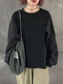 FRIFUL 女式休闲拼布长袖运动衫，秋冬 - 黑色 - 查看 3