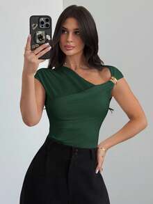 Firerie Women's Asymmetric Shoulder Wrap Ruched Waist Tight Fitting T-Shirt, Elegant Modest Daily Commute, Spring/Summer - Dark Green - View 9