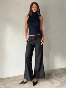 Aloruh 女士秋冬新款高领无袖紧身罗纹燕麦色针织背心毛衣，适合日常穿着 - 藏蓝色 - 查看 6