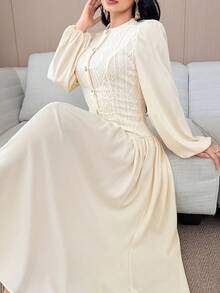 Feyla Women's Elegant Lantern Sleeve Long Dress For Commuting Dress Modest Cream Dress - White - View 3