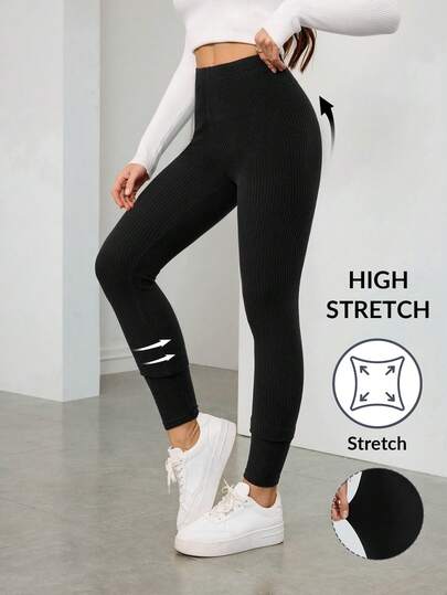 SHEIN Tall Leggings casuales de cintura alta con costillas de forro polar para mujer, adecuados para otoño/invierno