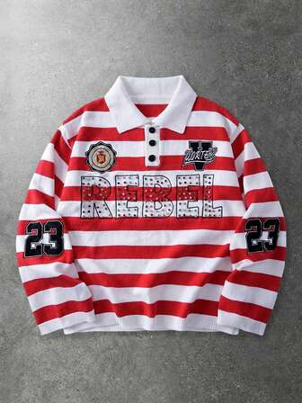 Street Life Men's Sparkling Diamond Embroidery Preppy Striped Long Sleeve Sweater