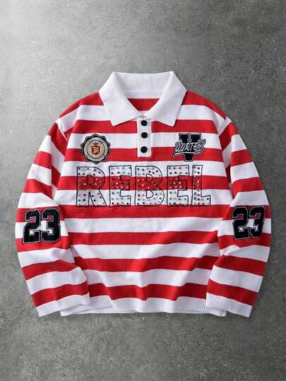 Street Life Men's Sparkling Diamond Embroidery Preppy Striped Long Sleeve Sweater