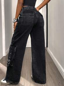 DAZY Jeans de mezclilla negros holgados con cargo estilo Y2K para mujer - Negro - Ver 2