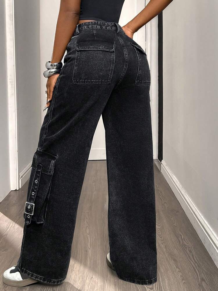 Women's Loose Fit Black Cargo Denim Jeans Y2k