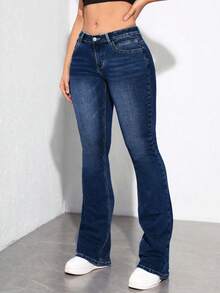 Jeanoix 大码女式弹力喇叭牛仔裤，四季皆宜 - 深色水洗藍 - 查看 4