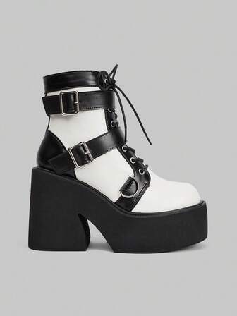 Women's Fashion Thick Sole Boots - Casual Black Round Buckle Double Strap Chunky Heel Ankle Boots - Comfortable Slip-On