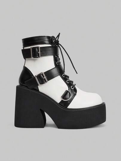 Women's Fashion Thick Sole Boots - Casual Black Round Buckle Double Strap Chunky Heel Ankle Boots - Comfortable Slip-On