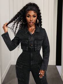 BamGleam Short Cargo Pocket Women's Denim Jacket - Black - View 4